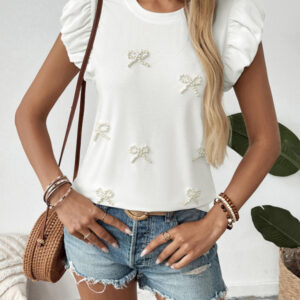 Casual Bowknot Round Neck Pullover Beaded Puff Sleeve T-shirt