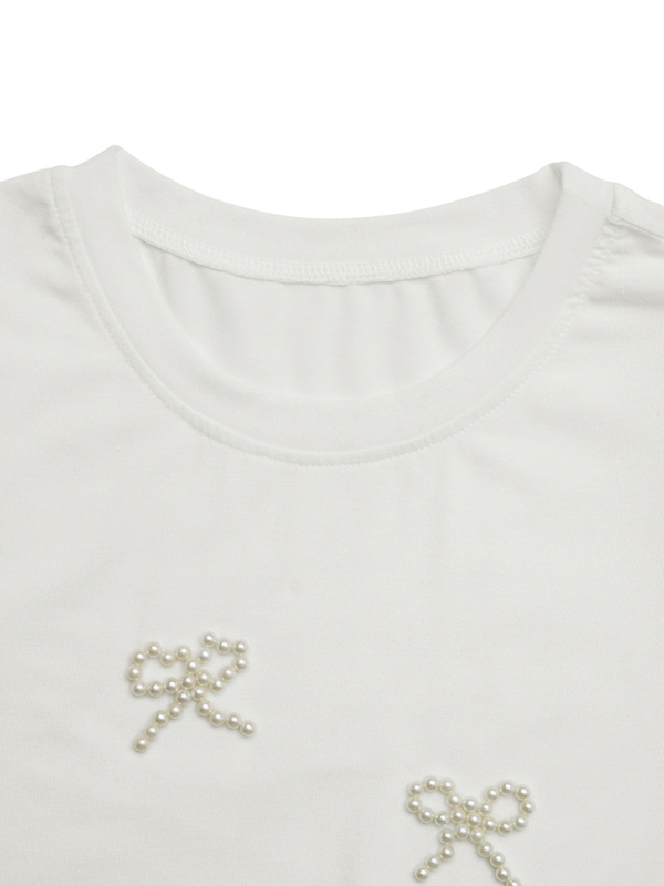 Casual Bowknot Round Neck Pullover Beaded Puff Sleeve T-shirt - Image 3