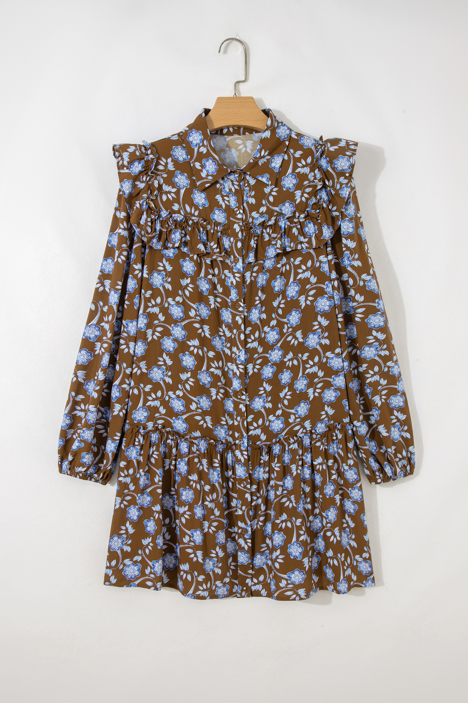 Brown Floral Print Ruffled Detail Shirt Collar Button Down Long Sleeve Dress - Image 6