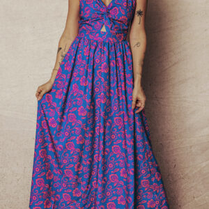 Blue Floral Print Twisted V Neck Tied Backless Maxi Dress