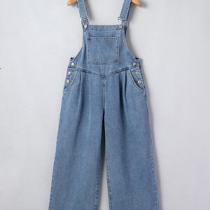 Dusk Blue Pleated Wide Leg Retro Pocketed Denim Jumpsuit