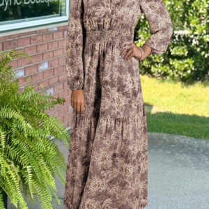 Brown Floral Print Smocked High Waist Long Sleeve Maxi Dress