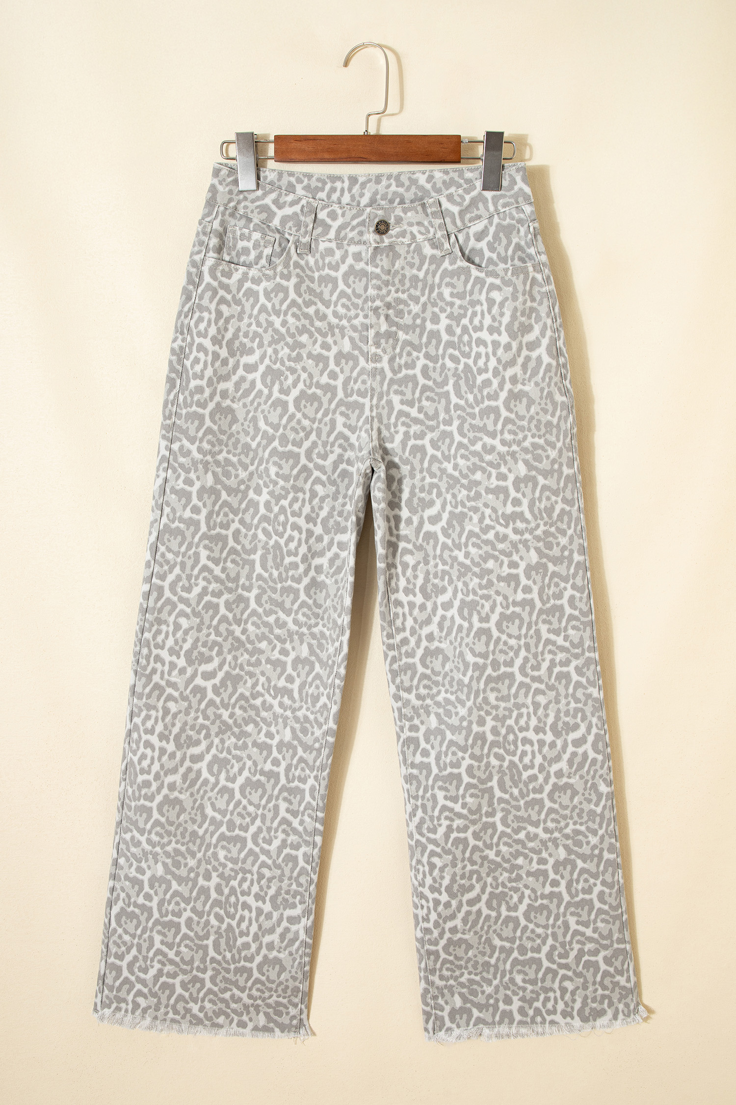Gray Leopard Frayed Edge Wide Leg High Waist Jeans - Image 6