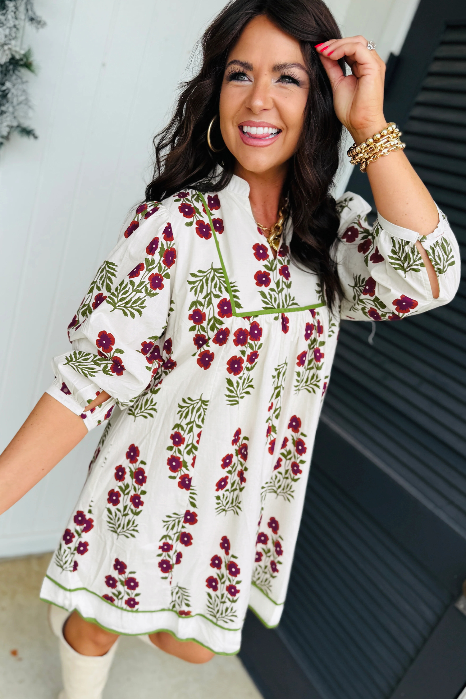 White Frilled V Neck 3/4 Sleeve Loose Floral Dress - Image 3