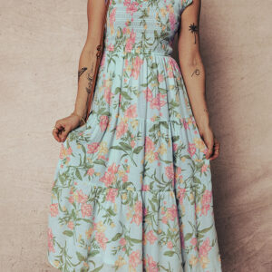 Yellow Smocked Bodice Ruffled Sleeveless Tiered Floral Maxi Dress