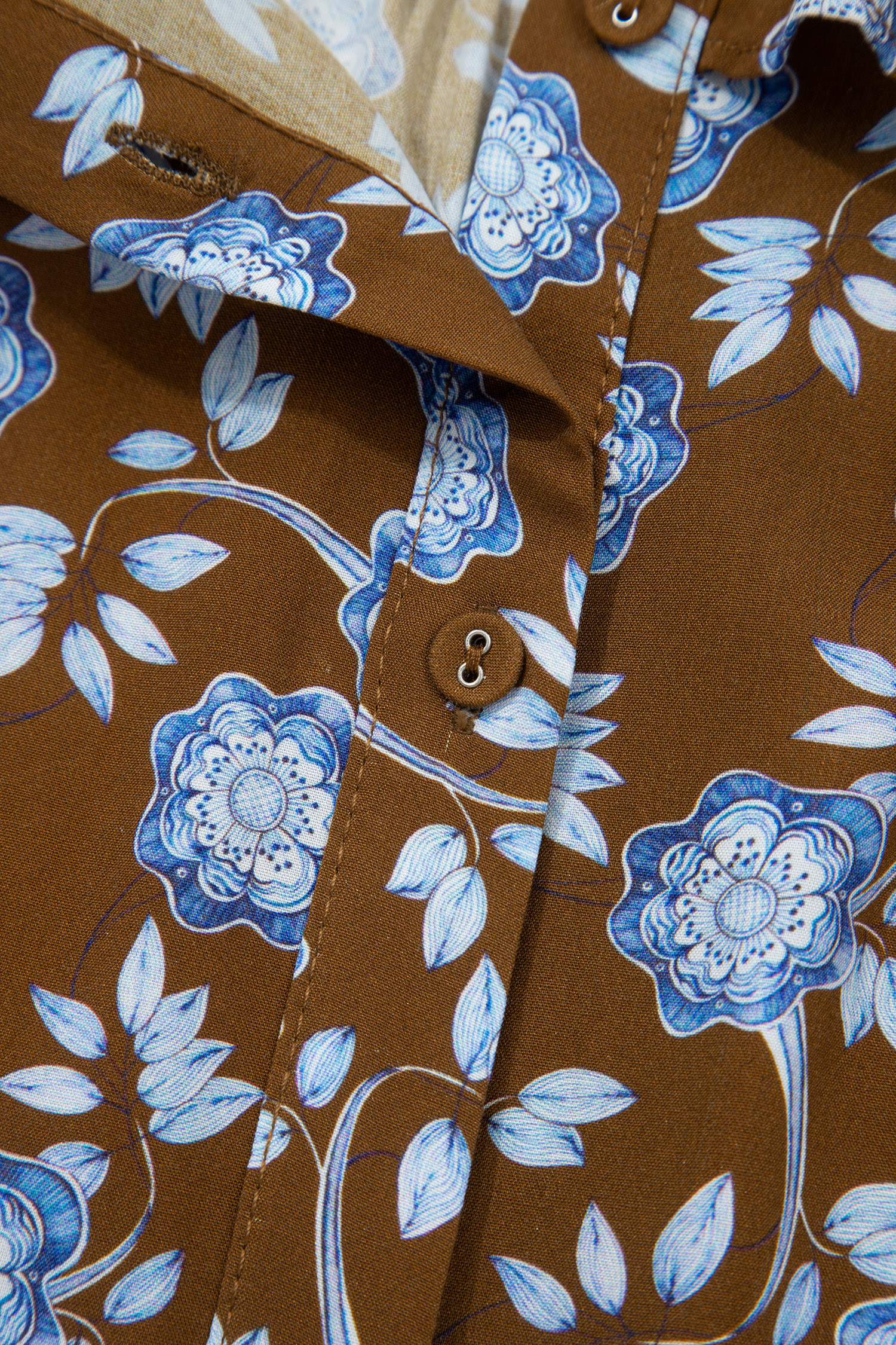 Brown Floral Print Ruffled Detail Shirt Collar Button Down Long Sleeve Dress - Image 11
