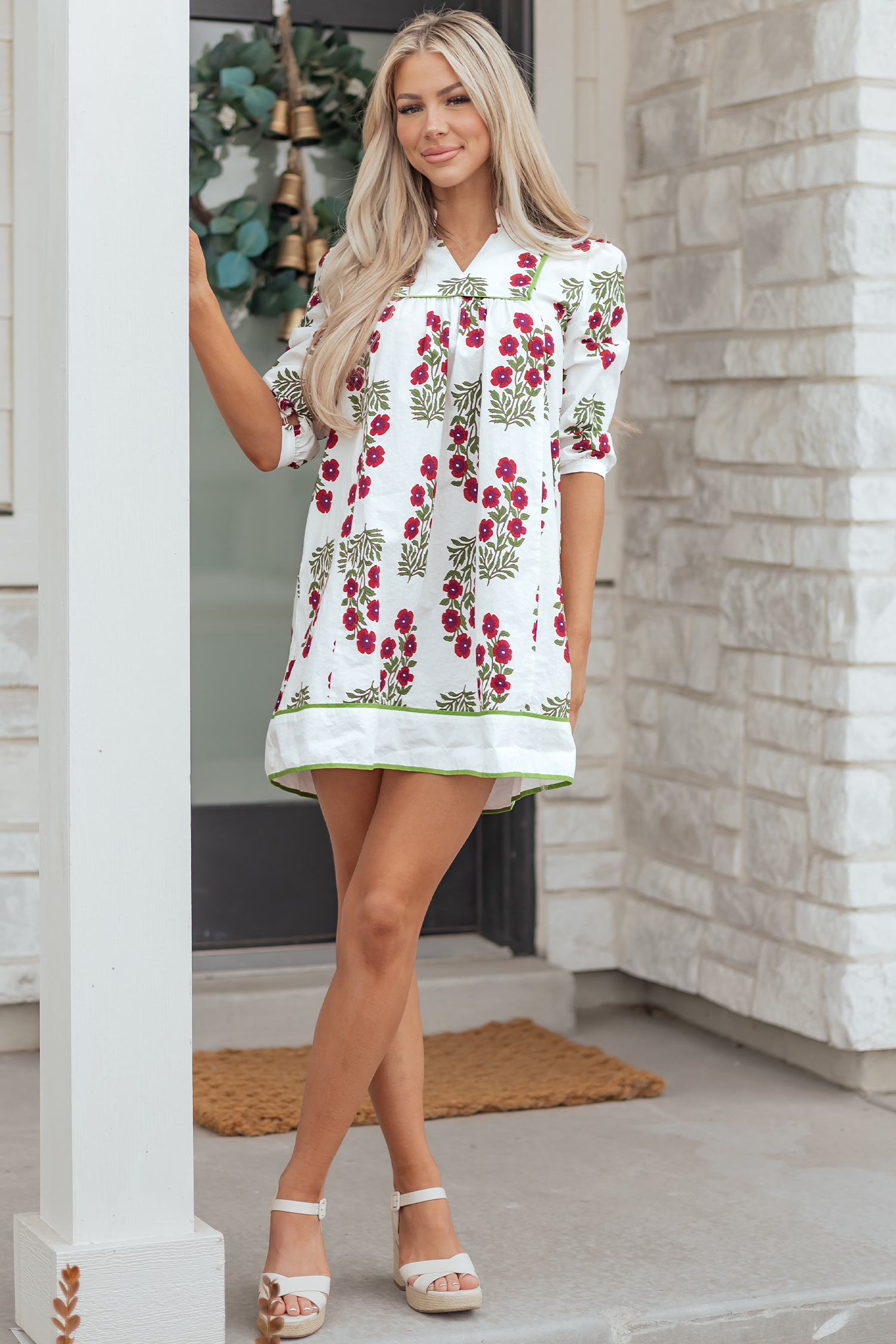 White Frilled V Neck 3/4 Sleeve Loose Floral Dress - Image 15
