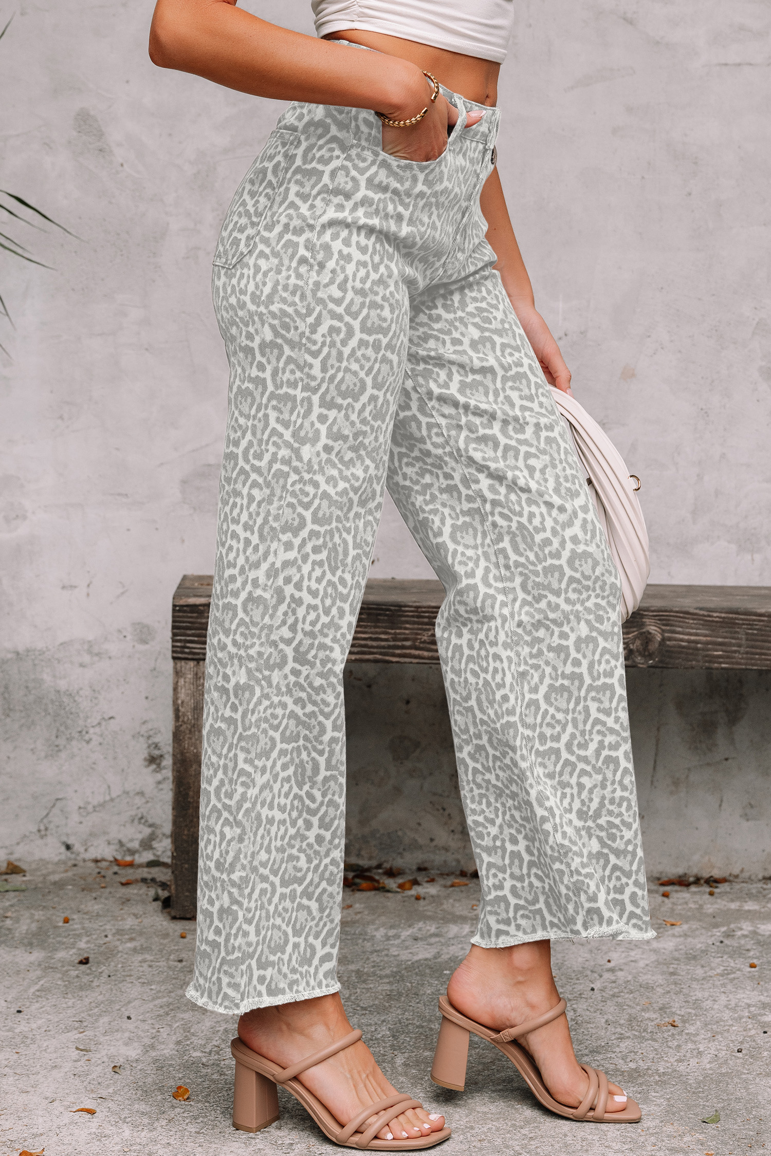 Gray Leopard Frayed Edge Wide Leg High Waist Jeans - Image 3