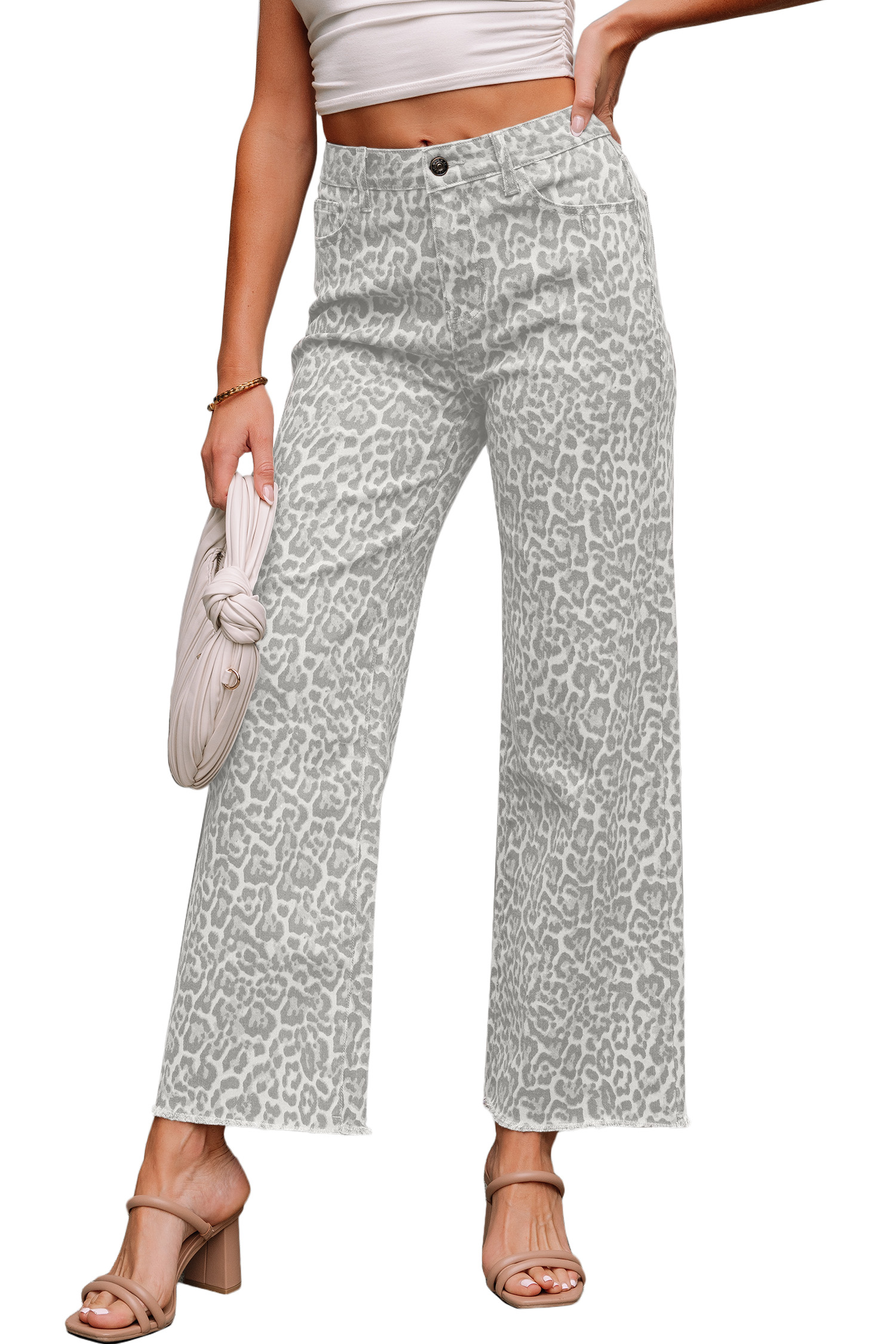 Gray Leopard Frayed Edge Wide Leg High Waist Jeans - Image 5