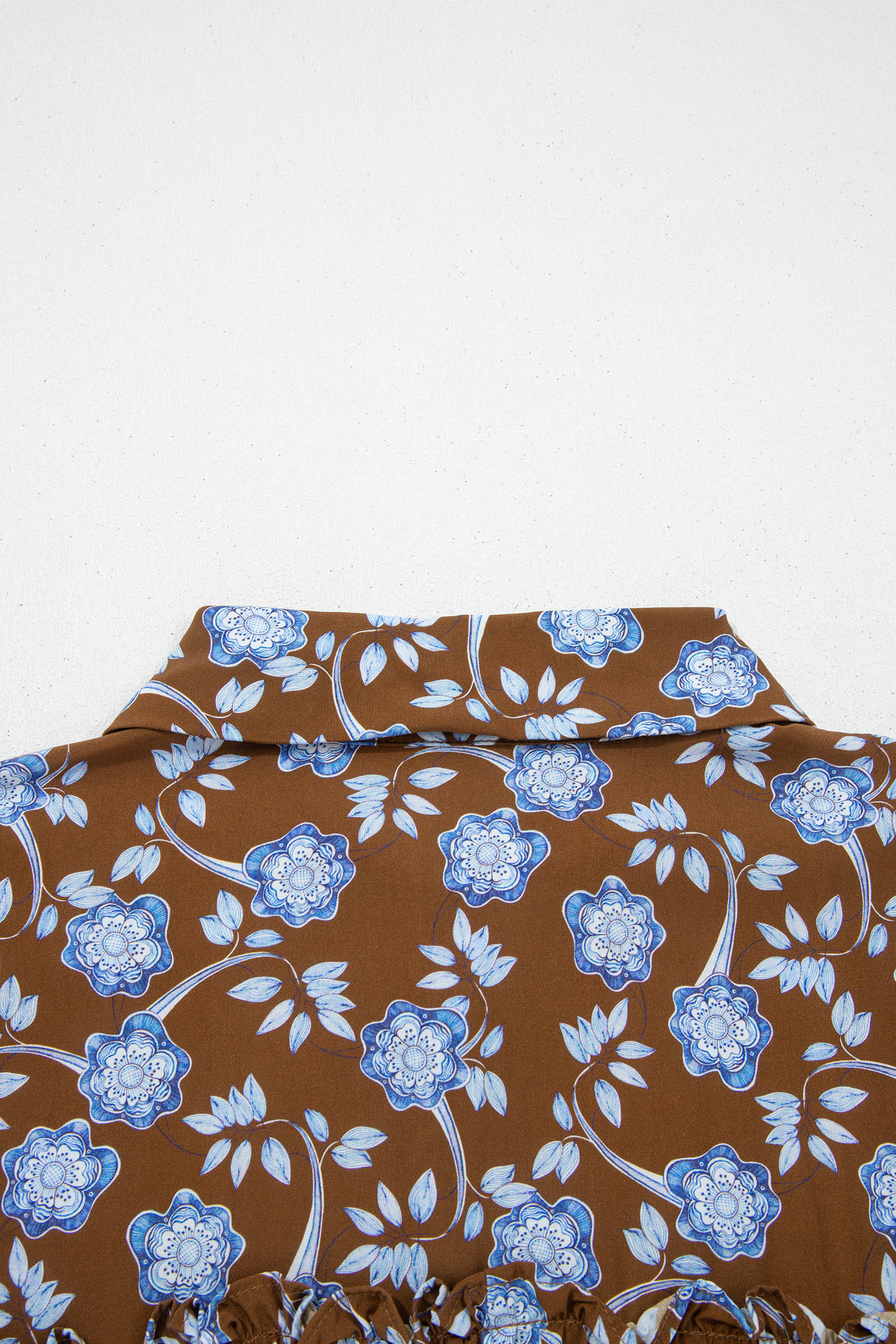 Brown Floral Print Ruffled Detail Shirt Collar Button Down Long Sleeve Dress - Image 9