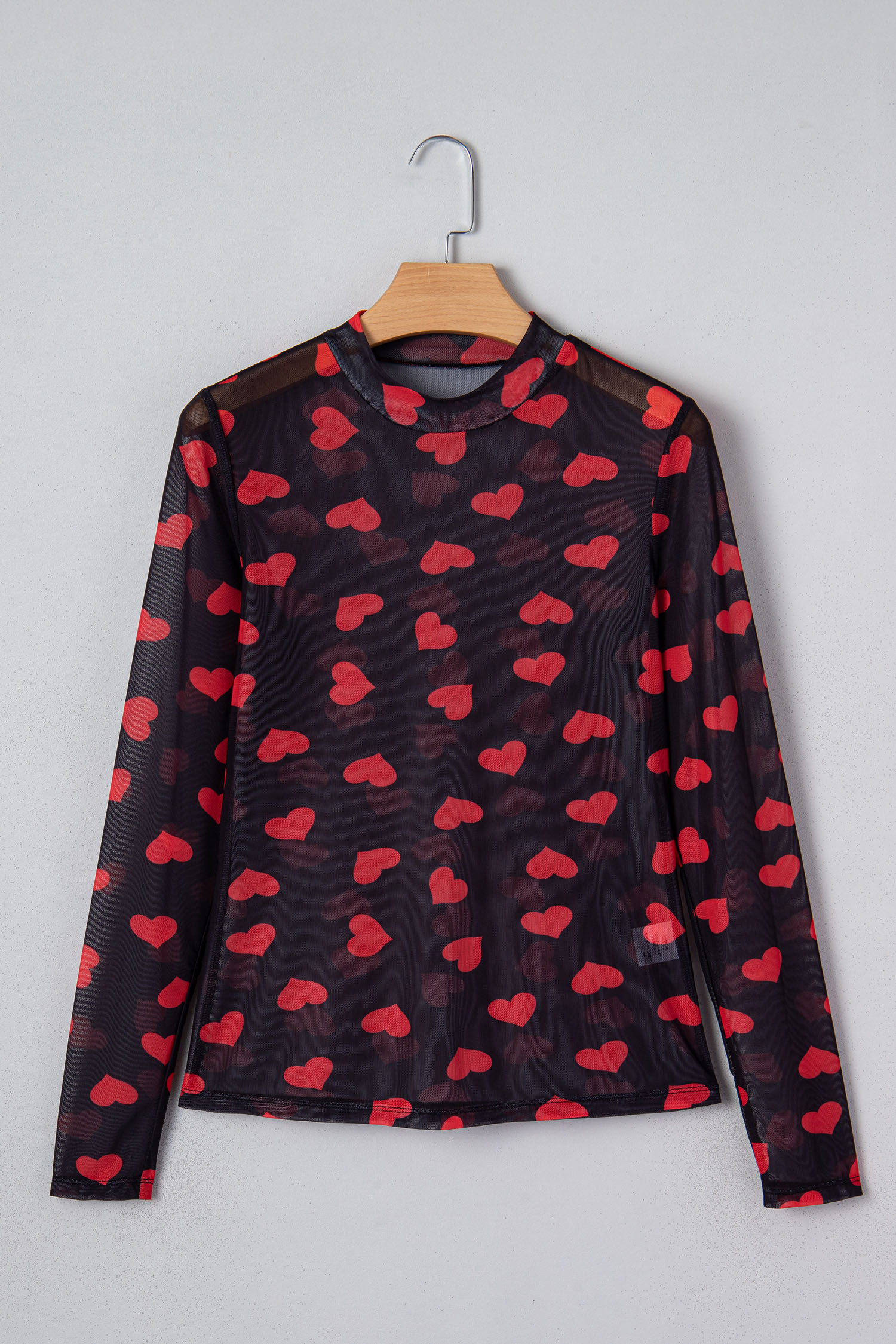 Black Valentines Heart Printed Sheer Mesh Long Sleeve Top - Image 8