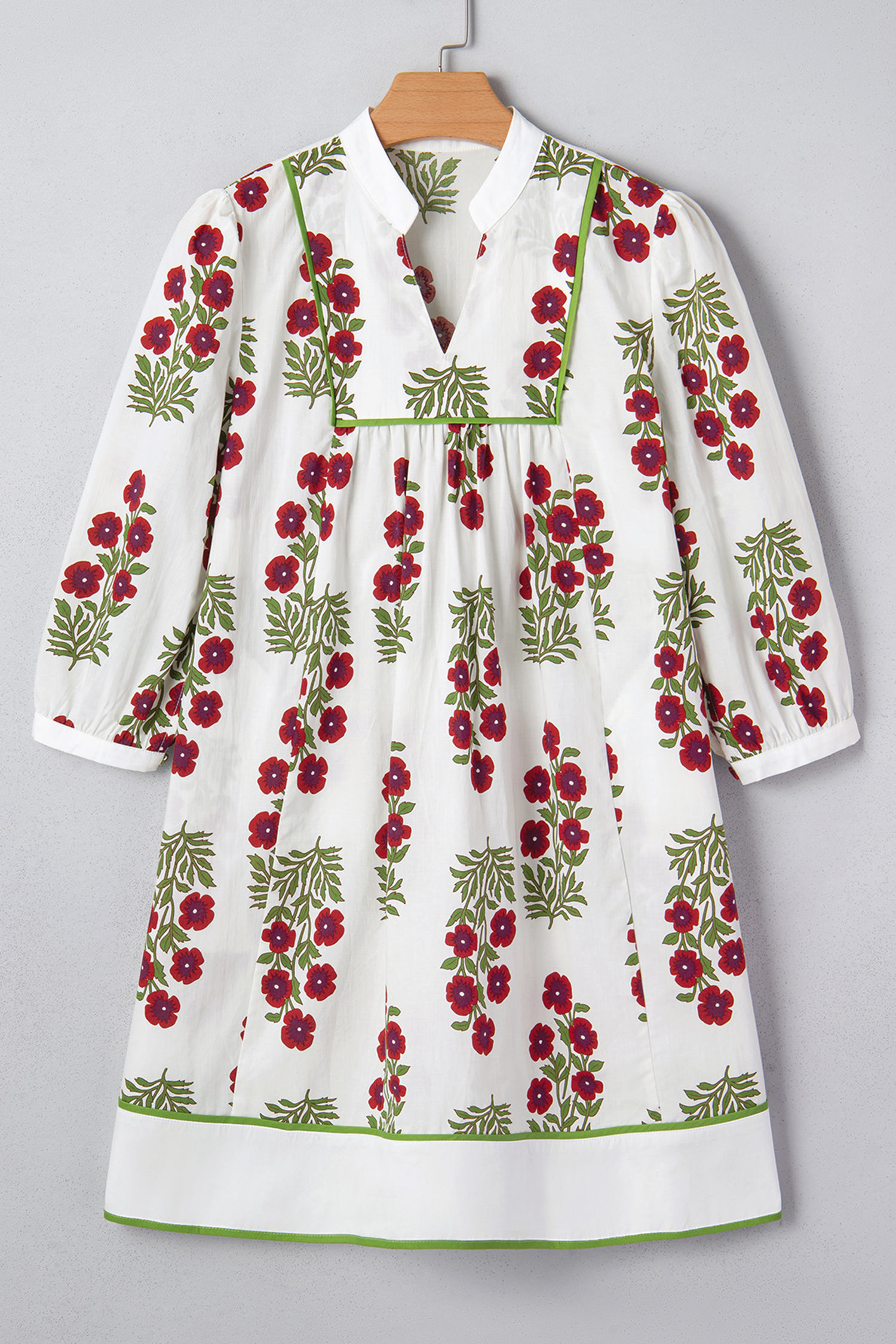White Frilled V Neck 3/4 Sleeve Loose Floral Dress - Image 4