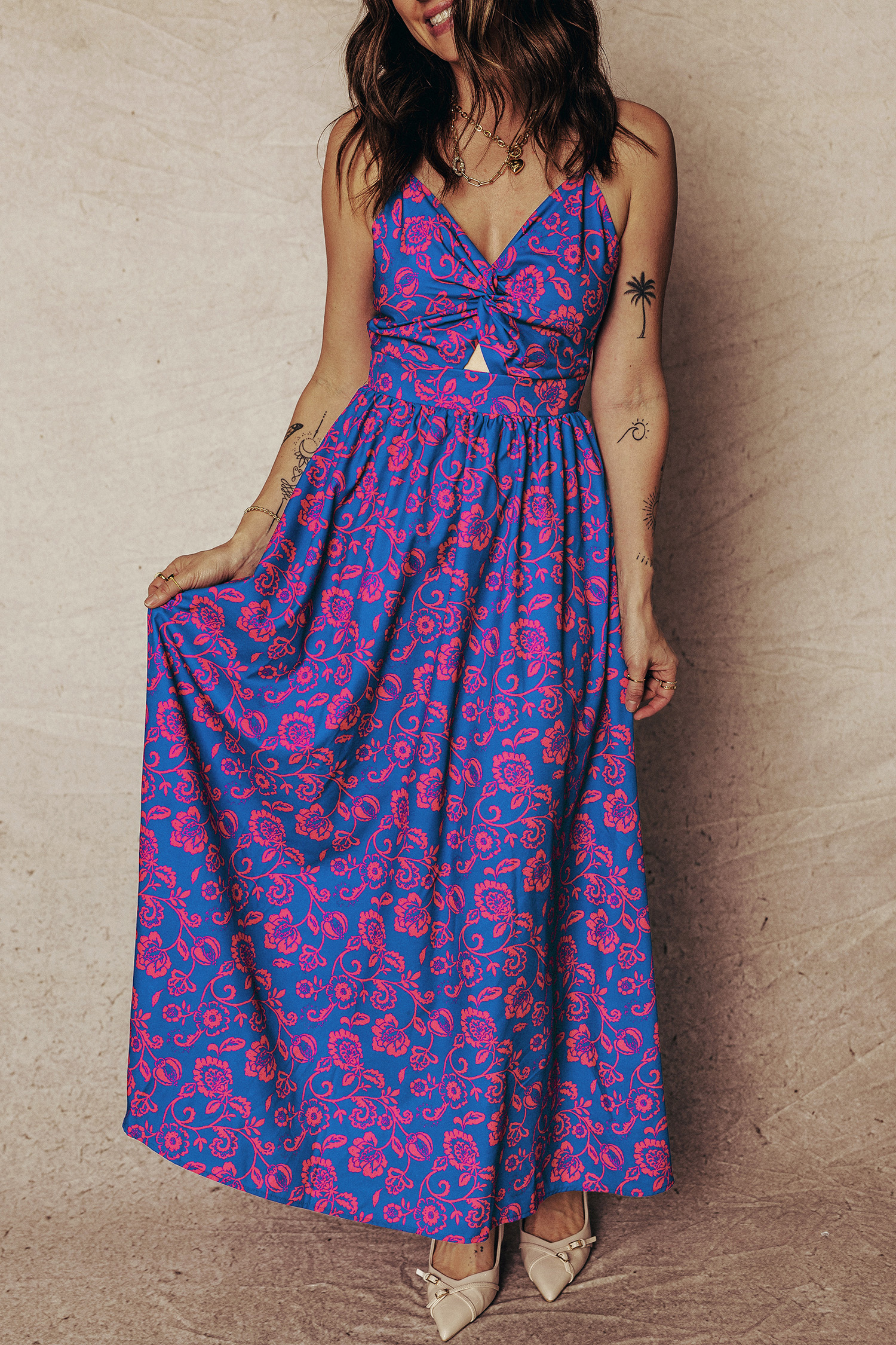 Blue Floral Print Twisted V Neck Tied Backless Maxi Dress - Image 6