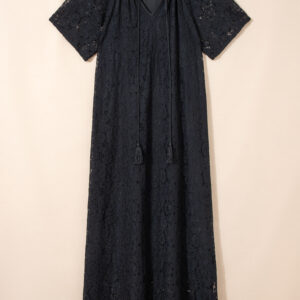 Black Floral Lace Overlay Tassel Tie Short Sleeve Beach Vacation Loose Maxi Dress