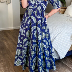 Blue Wild Floral Print Frilled Collar Half Sleeve Long Dress