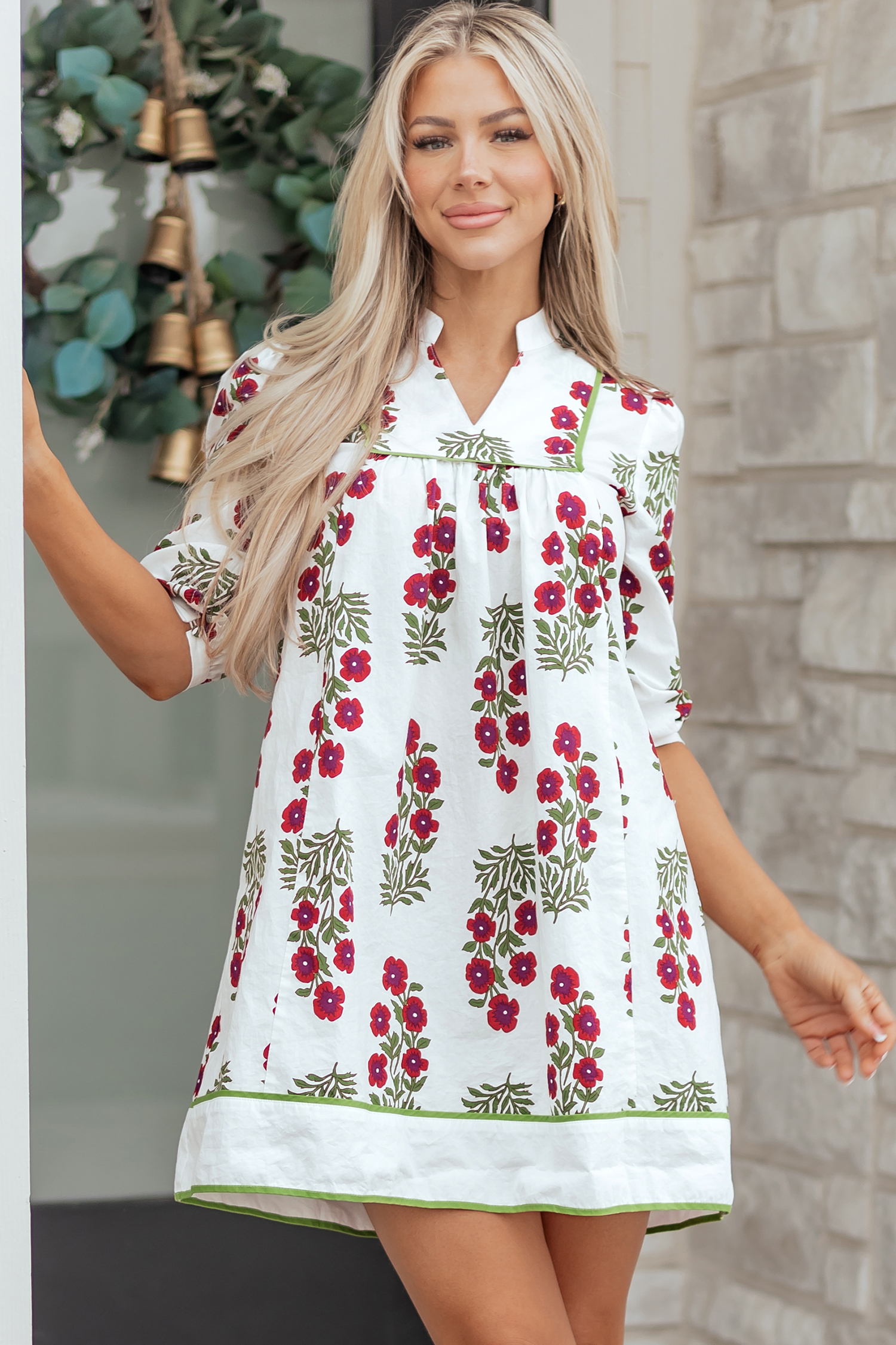 White Frilled V Neck 3/4 Sleeve Loose Floral Dress - Image 9