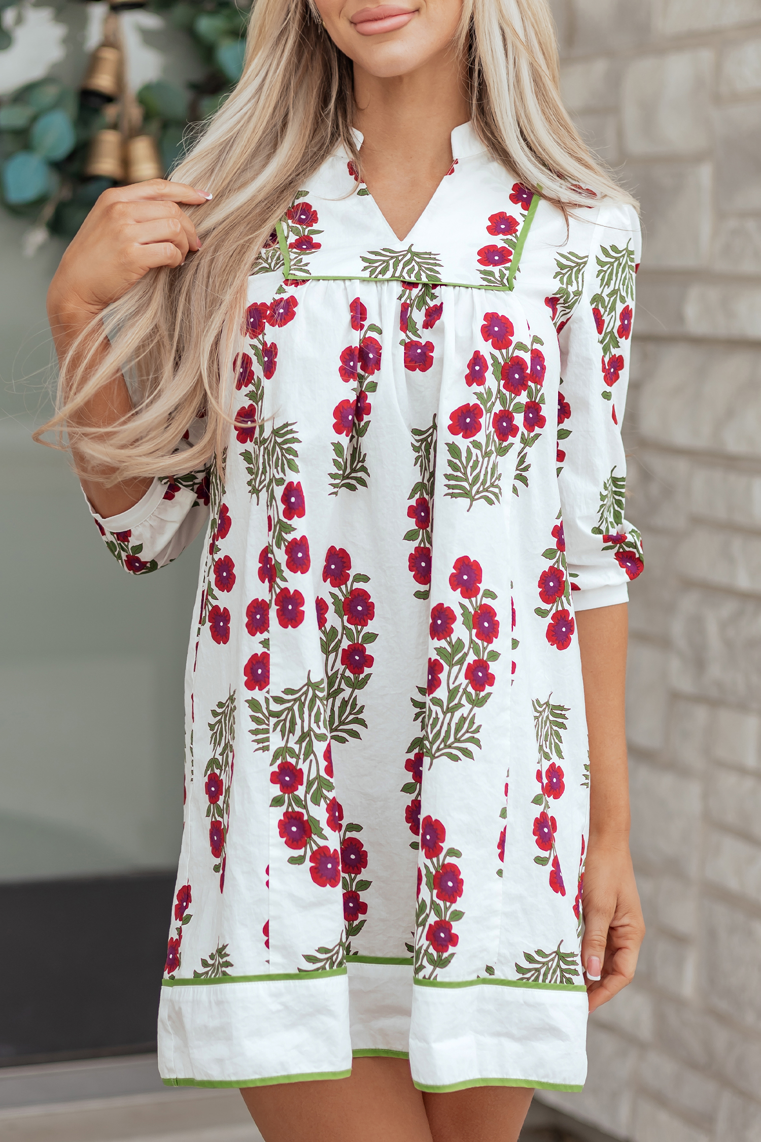 White Frilled V Neck 3/4 Sleeve Loose Floral Dress - Image 16