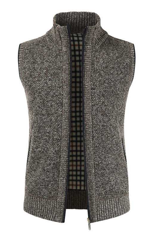 Men's Zip Vest Solid Color Stand Collar Sleeveless Knit Cardigan - Image 5