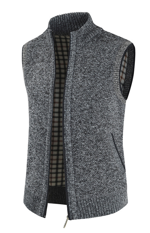 Men's Zip Vest Solid Color Stand Collar Sleeveless Knit Cardigan - Image 7