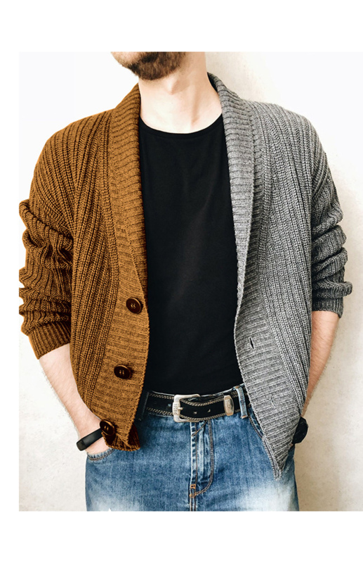 Men's Two Tone Patchwork Single Breasted Long Sleeve Sweater Cardigan - Image 5