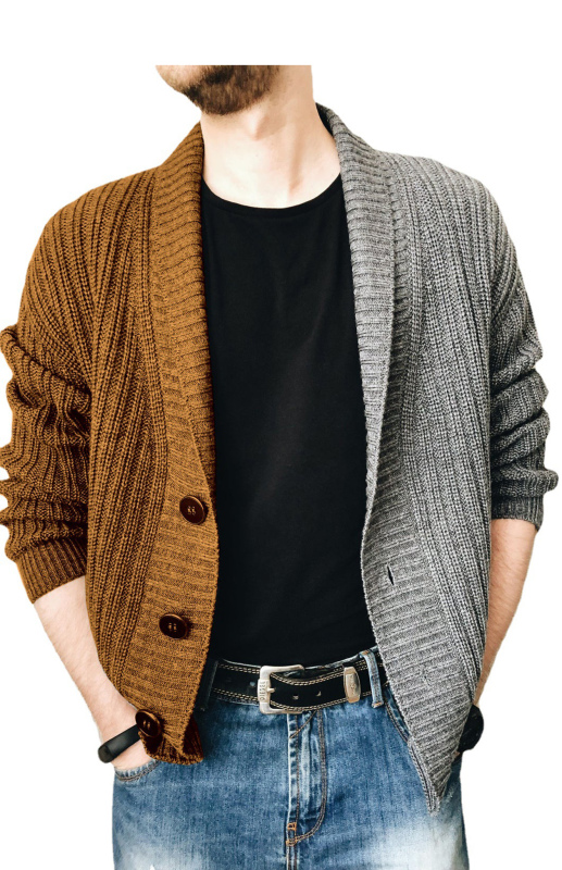 Men's Two Tone Patchwork Single Breasted Long Sleeve Sweater Cardigan - Image 6