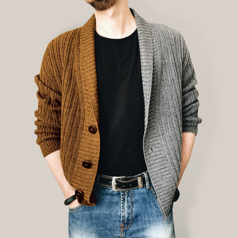 Men's Two Tone Patchwork Single Breasted Long Sleeve Sweater Cardigan - Image 3