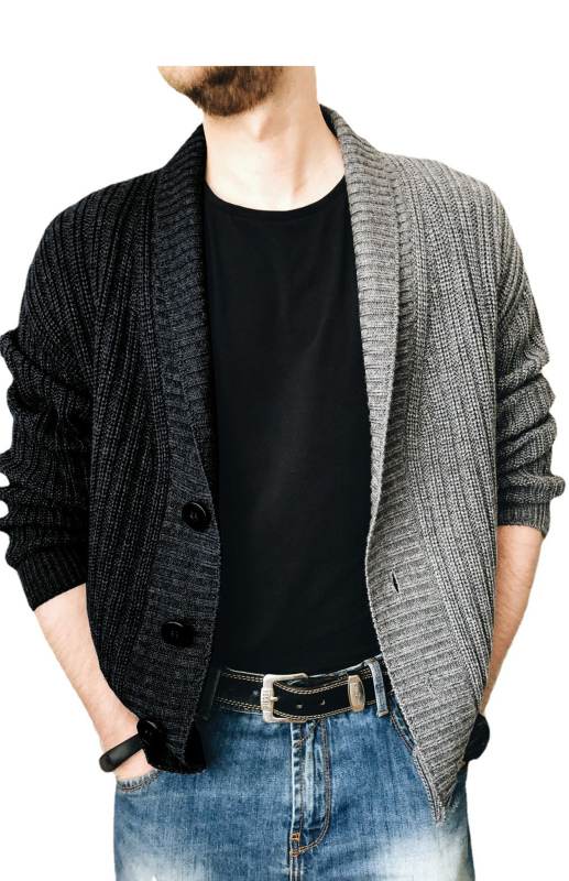 Men's Two Tone Patchwork Single Breasted Long Sleeve Sweater Cardigan - Image 4