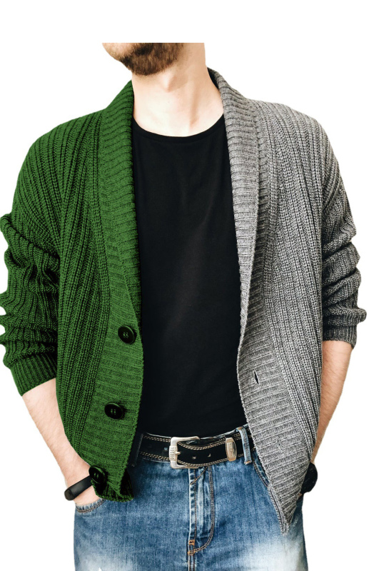 Men's Two Tone Patchwork Single Breasted Long Sleeve Sweater Cardigan - Image 2