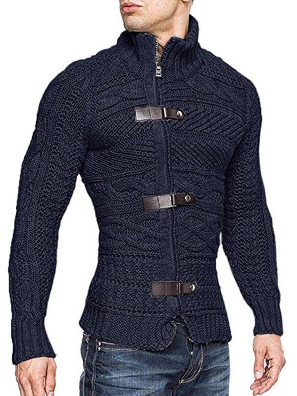 Men's Leather Button Long Sleeve Knitted Cardigan Jacket - Image 9