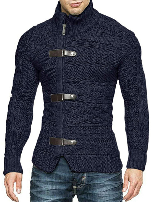 Men's Leather Button Long Sleeve Knitted Cardigan Jacket - Image 2