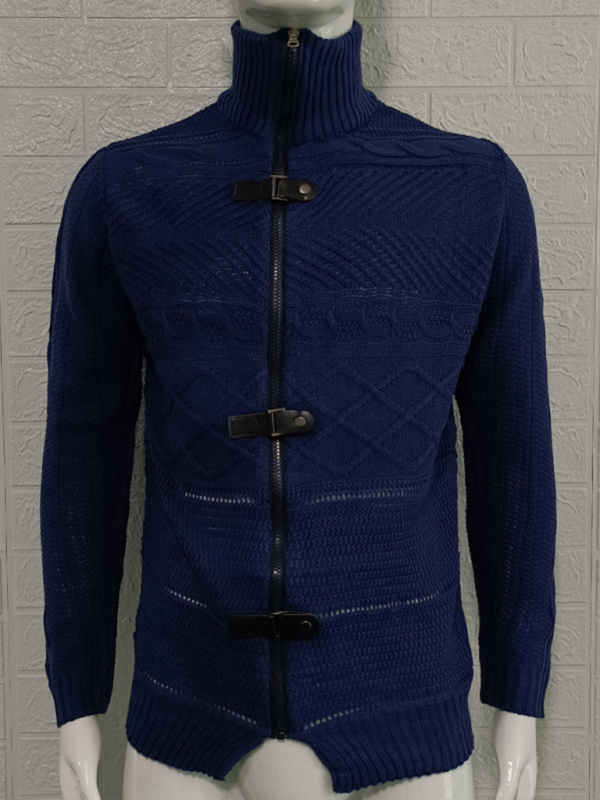 Men's Leather Button Long Sleeve Knitted Cardigan Jacket - Image 8