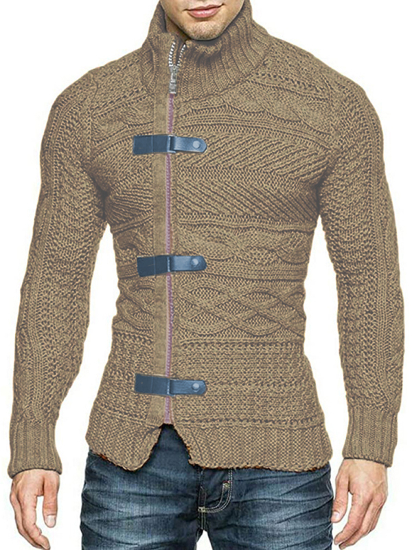 Men's Leather Button Long Sleeve Knitted Cardigan Jacket - Image 4