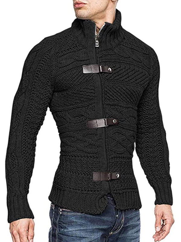 Men's Leather Button Long Sleeve Knitted Cardigan Jacket - Image 14