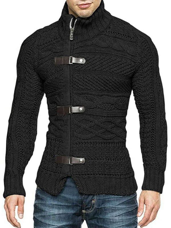 Men's Leather Button Long Sleeve Knitted Cardigan Jacket - Image 6