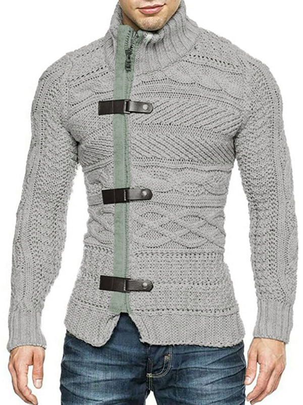 Men's Leather Button Long Sleeve Knitted Cardigan Jacket - Image 5