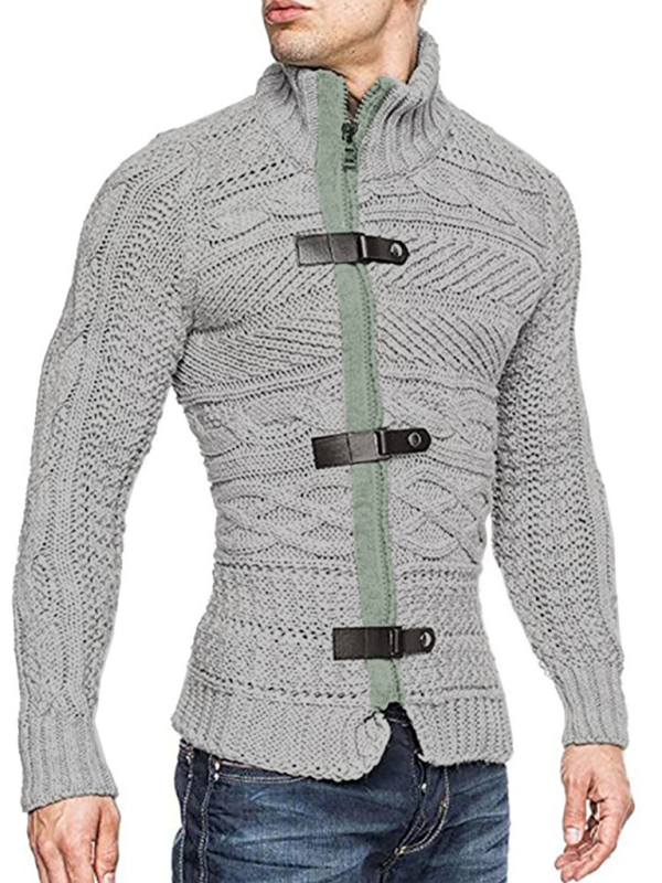 Men's Leather Button Long Sleeve Knitted Cardigan Jacket - Image 13