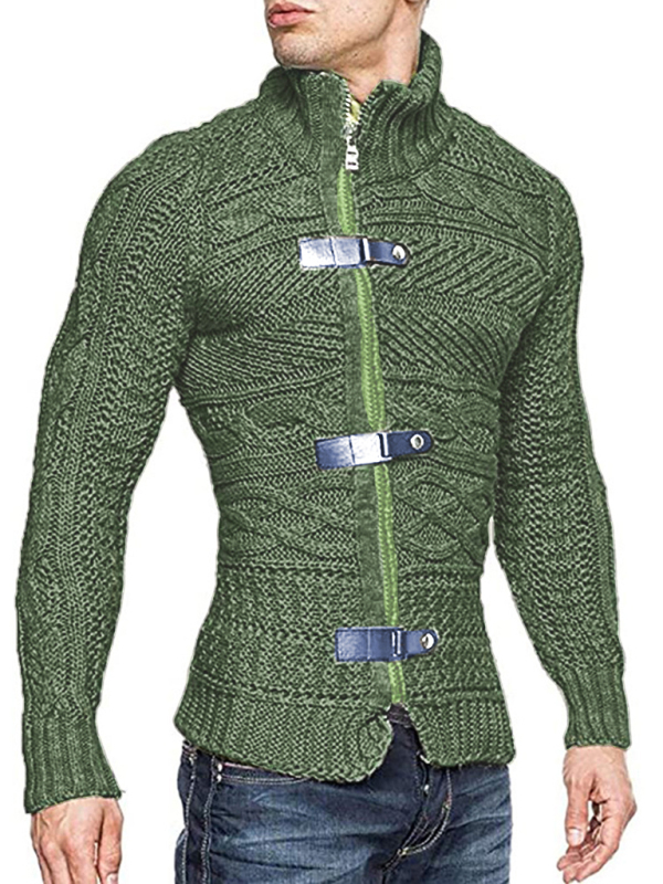 Men's Leather Button Long Sleeve Knitted Cardigan Jacket - Image 12