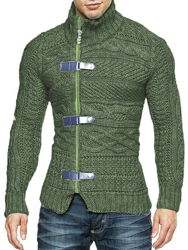 Men's Leather Button Long Sleeve Knitted Cardigan Jacket - Image 3