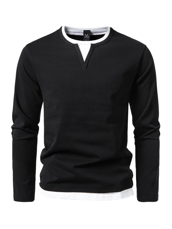 Men's T-shirt Fake two-piece double-layer V-neck stitching bottoming shirt Men's long-sleeved T-shirt - Image 8