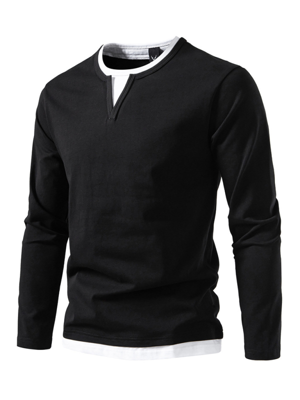 Men's T-shirt Fake two-piece double-layer V-neck stitching bottoming shirt Men's long-sleeved T-shirt - Image 2