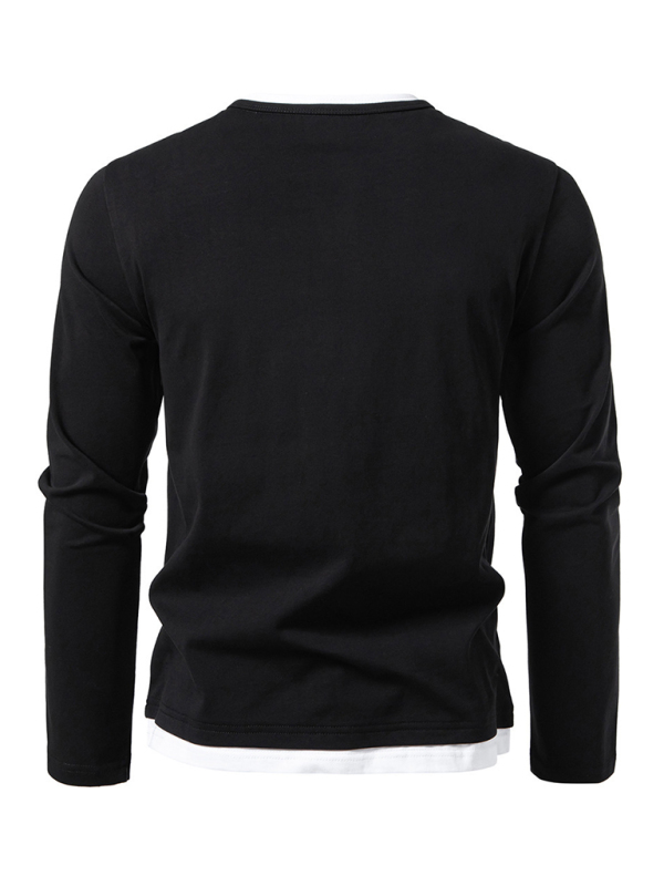 Men's T-shirt Fake two-piece double-layer V-neck stitching bottoming shirt Men's long-sleeved T-shirt - Image 7