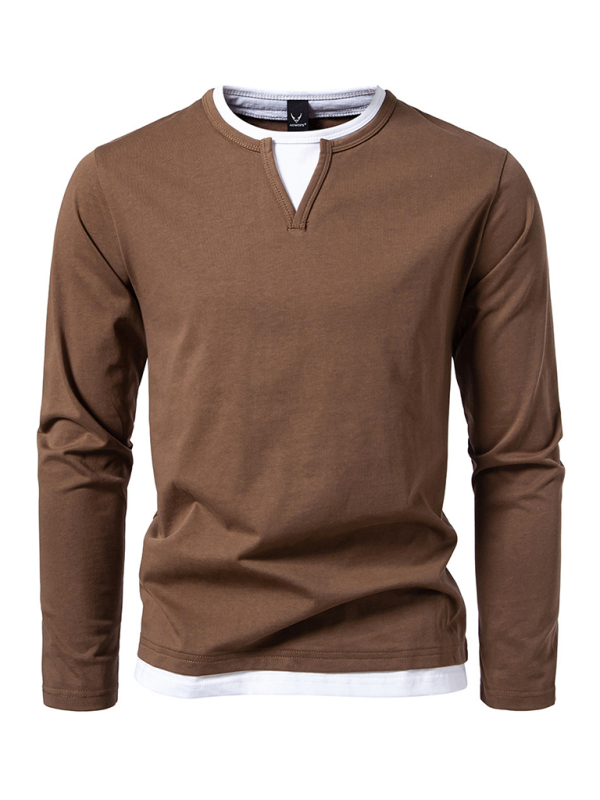 Men's T-shirt Fake two-piece double-layer V-neck stitching bottoming shirt Men's long-sleeved T-shirt - Image 13