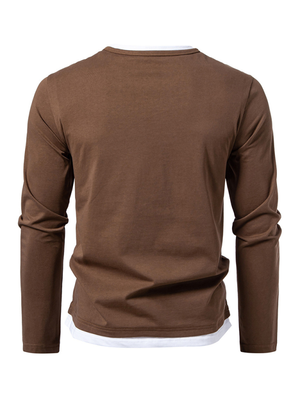 Men's T-shirt Fake two-piece double-layer V-neck stitching bottoming shirt Men's long-sleeved T-shirt - Image 12