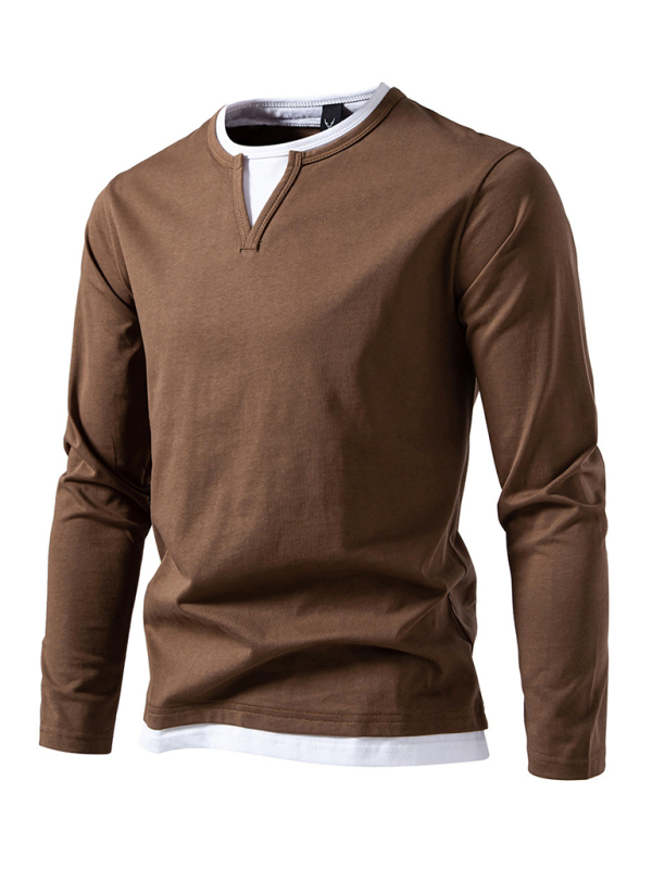 Men's T-shirt Fake two-piece double-layer V-neck stitching bottoming shirt Men's long-sleeved T-shirt - Image 4