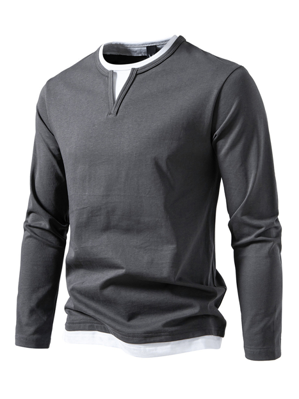 Men's T-shirt Fake two-piece double-layer V-neck stitching bottoming shirt Men's long-sleeved T-shirt - Image 3