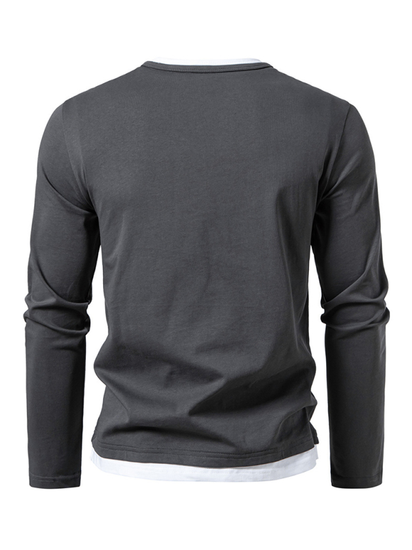 Men's T-shirt Fake two-piece double-layer V-neck stitching bottoming shirt Men's long-sleeved T-shirt - Image 10