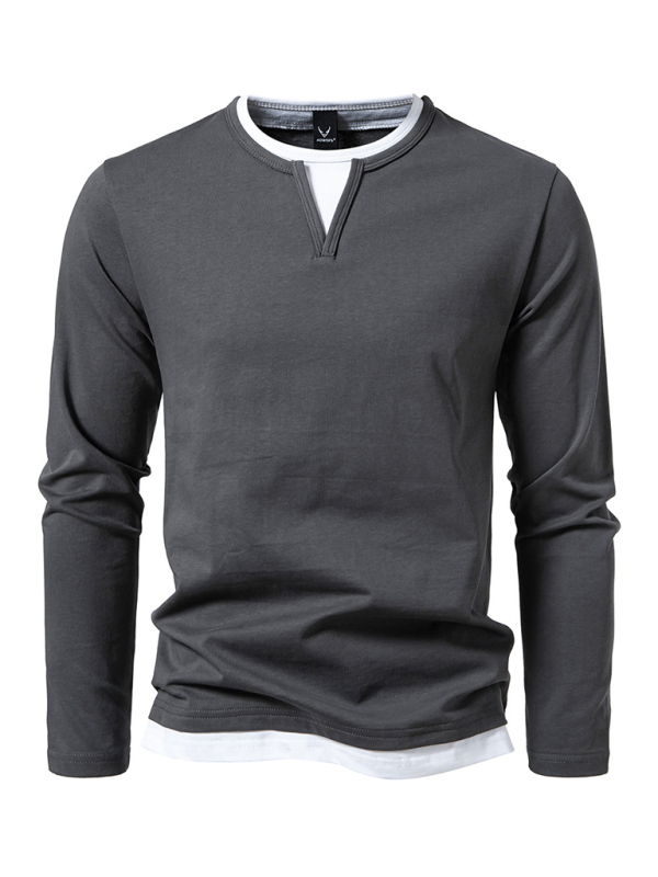 Men's T-shirt Fake two-piece double-layer V-neck stitching bottoming shirt Men's long-sleeved T-shirt - Image 11