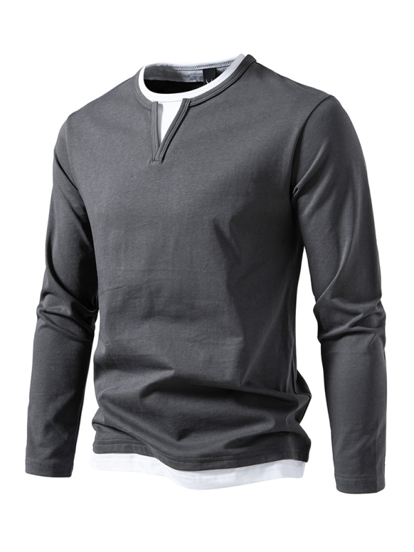 Men's T-shirt Fake two-piece double-layer V-neck stitching bottoming shirt Men's long-sleeved T-shirt - Image 9