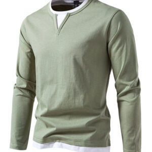 Men's T-shirt Fake two-piece double-layer V-neck stitching bottoming shirt Men's long-sleeved T-shirt