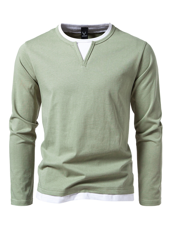 Men's T-shirt Fake two-piece double-layer V-neck stitching bottoming shirt Men's long-sleeved T-shirt - Image 5